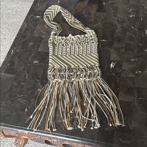 NWOT Handwoven Macrame Fringe Shoulder Bag in Olive, Gold & Cream